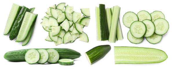 Wall Mural - Fresh cucumbers isolated on white, collage. Different types of cuts