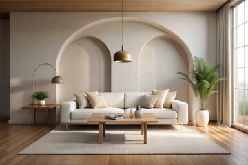 Poster - Minimalist living room with archway natural light and serenity