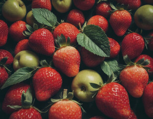 Wall Mural - Fragole rosse e invitanti, immerse in un contrasto di verde.
