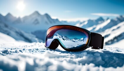 Wall Mural - Ski goggles resting on snowy surface, reflecting majestic mountain peak in bright sunlight