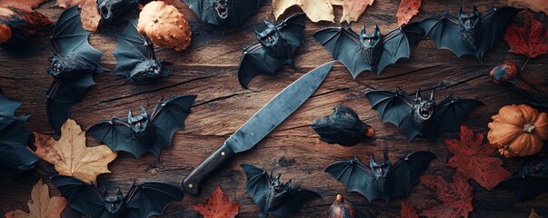 Wall Mural - Spooky halloween scene with bats, pumpkins, autumn leaves and a knife on a rustic wooden desk