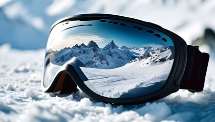 Wall Mural - Ski goggles resting on snowy surface, reflecting majestic mountain peak in bright sunlight