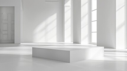 Poster - Product presentation in white studio with empty room, podium, and blurred background.