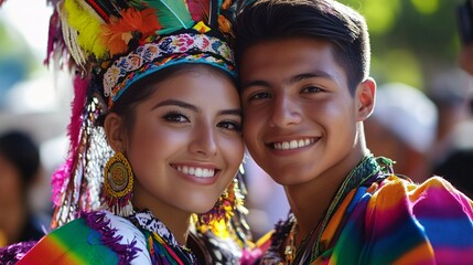 Wall Mural - Latin couple in vibrant traditional andean attire joyfully celebrating in cusco, peru