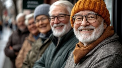 A group of elderly friends stand closely together smiling, dressed in coordinated winter outfits with beanies and scarves, exuding warmth, joy, and companionship on a city street.