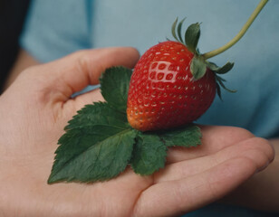 Wall Mural - Fragola rossa sul palmo di una mano