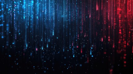 Poster - Dark background digital glitch blue and red light , vertical lines effects,  pixelated raindrops falling on the screen