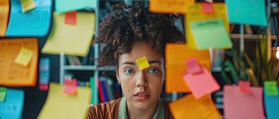 Young Woman Overwhelmed by Colorful Sticky Notes