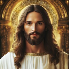 A detailed portrait of a serene man with a beard and long hair, surrounded by an ornate, gold-patterned halo, representing spiritual purity and divine grace.