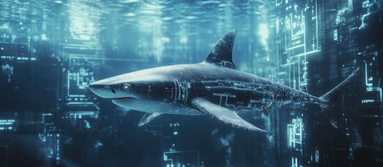 3D illustration of a shark swimming in a cybernetic environment