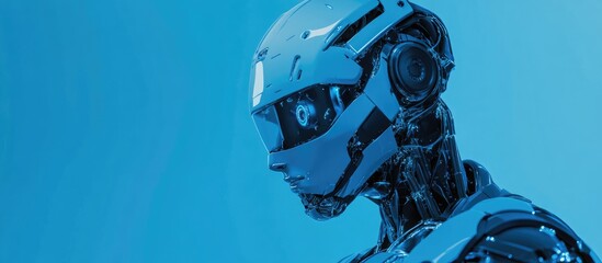Poster - 3D rendering of a metallic blue robot or cyborg set against a blue backdrop
