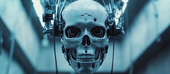 Poster - Futuristic 3D illustration of a robotic figure with a skull like face suspended from machinery showcasing a blend of metallic elements and sci fi aesthetics