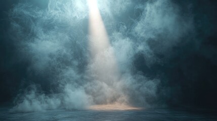 Poster - Stunning studio lighting for film and television with a dark backdrop and smoke A beam of light breaks through the haze enhancing the cinematic atmosphere