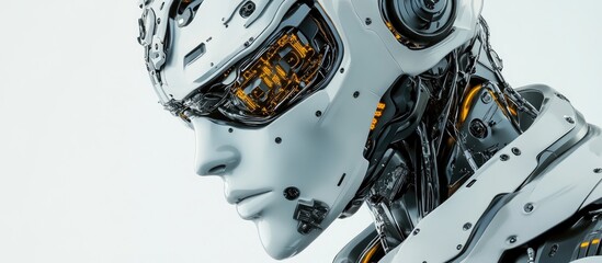 Poster - Portrait of a futuristic robot figure featuring intricate details revealing sections of its face that expose metallic components Isolated on a white background 3D rendering