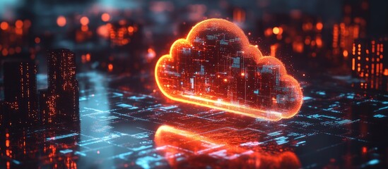 Poster - Cloud computing and download theme depicted through a double exposure of a smart city and glowing cloud hologram against a nighttime backdrop