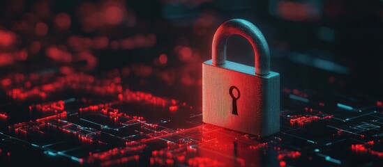 Poster - safety concept featuring a closed padlock on a digital backdrop emphasizing cybersecurity with a bla