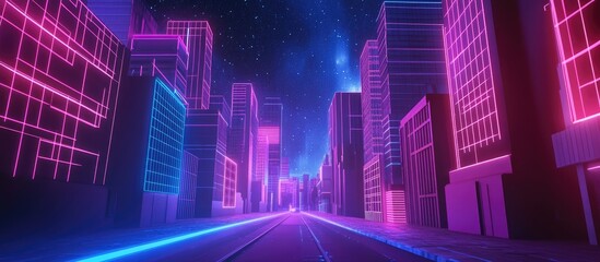 3D rendering of an abstract neon background featuring a glowing linear volumetric cube positioned on a city street beneath a starry night sky Futuristic digital wallpaper design