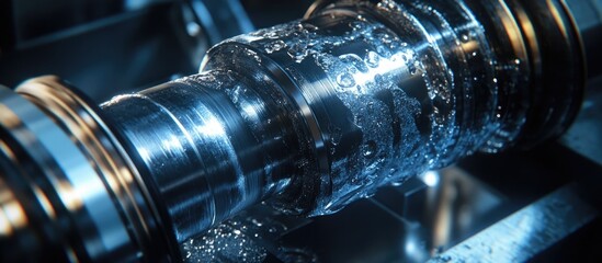 Poster - Close up of a lathe machine performing a finishing cut on metal shaft parts using a liquid coolant method in the metalworking process