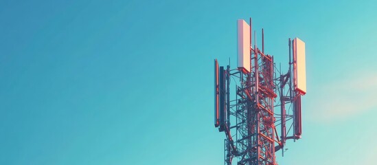 Poster - Construction of 5G cellular network transmitters telecommunication tower and wireless communication concept against a clear blue sky backdrop with ample copy space