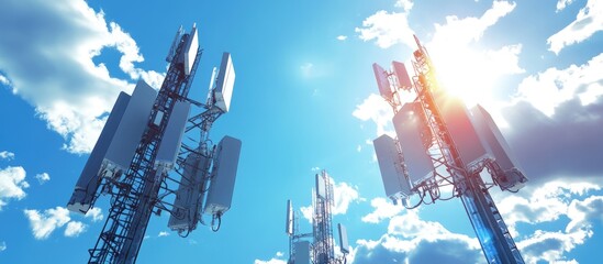 Poster - 5G cell towers supporting mobile technology against a blue sky backdrop