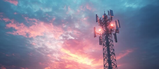 Poster - Telecommunication tower featuring 4G and 5G antennas for communication and broadcasting set against a backdrop of a cloudy sky