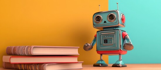 Aufkleber - 3D rendering of a tin toy robot exploring the concept of machine learning alongside a stack of books