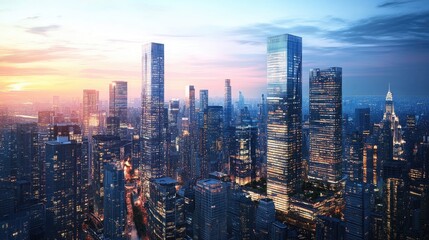  City skyline at dusk featuring tall buildings in a bustling business district
