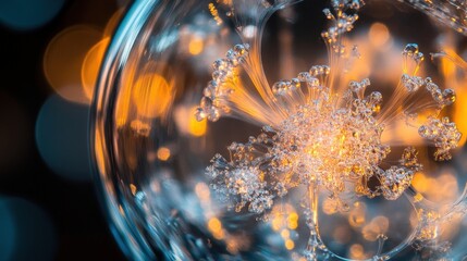 Poster - A mesmerizing chemical reaction occurs, producing delicate patterns and vibrant colors within a glass vessel, illuminated by soft ambient light