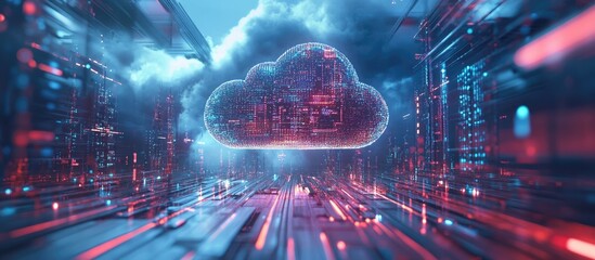 Poster - Concept of cloud computing and big data highlighting 5G connectivity and futuristic digital information in the realm of high speed internet and the Internet of Things IoT