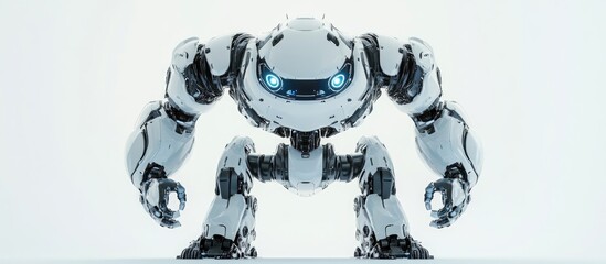 Poster - Robot poised to dominate with a striking presence against a white backdrop featuring a 3D illustration