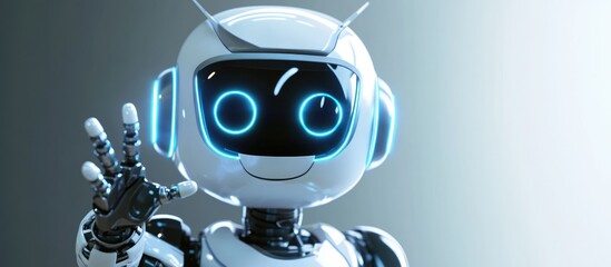 Poster - 3D rendering of an adorable AI robot with a cartoon style design playfully raising its hand