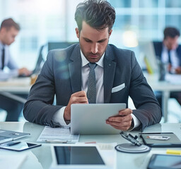 A businessman is deeply engrossed in his work at the office, displaying a thoughtful expression while exuding happiness and professionalism in his posture and positioning.