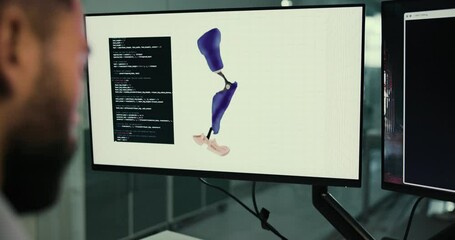 Sticker - Design, development and person at computer screen with prosthetic leg, coding or innovation in laboratory. Future technology, medical engineering and programmer with 3d data for artificial limb