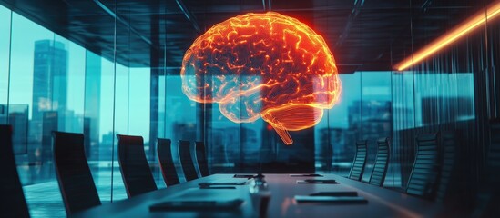 Poster - Double exposure illustration of a brain overlaying a conference room setting representing the concept of data analysis