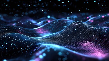 Poster - Dark abstract background featuring futuristic gradient with curved lines and luminous particles