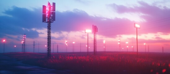 Poster - Telecommunication tower and illuminated pole showcasing transmission equipment in a conceptual representation of 5G technology