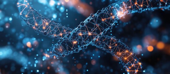 Poster - Molecular structure backdrop featuring DNA and neural network elements Conceptual design showcasing artificial intelligence science and technology through interconnected lines and dots