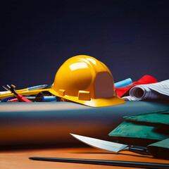 Construction Tools and Safety Gear on a Dark Background