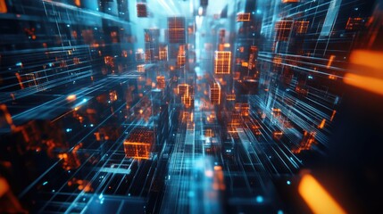 Poster - Abstract 3D rendering featuring random cubes and electronic shapes depicting a futuristic sci fi city characterized by lines and low poly designs