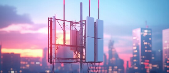 Poster - Compact cellular base station for 3G 4G and 5G on an electric pole Wireless communication antenna transmitter enhancing urban connectivity