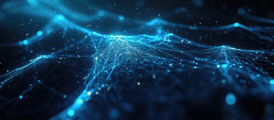 Poster - Concept of artificial intelligence depicted in blue tones featuring lines and dots creating a network related to science and technology 3D rendering