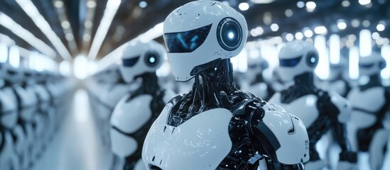 Poster - Robots are actively moving in a futuristic setting Showcase of technology featuring robotic elements 3D rendering depicting robot actions