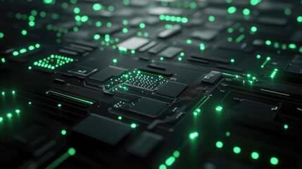 Poster - Futuristic black and dark green circuit technology featuring green LED lights A 3D representation of advanced digital data connectivity and electronic design in a Sci Fi environment