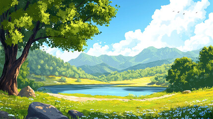 Sticker - illustration landscape with lake and mountains