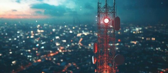 Poster - Telecommunication tower with 5G cellular network symbolizing global connectivity and internet access against an urban backdrop