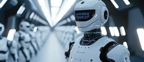 Poster - Advanced manufacturing with a 3D humanoid robot operating on the production line showcasing machine communication and the evolution of Industry 4 0 technology