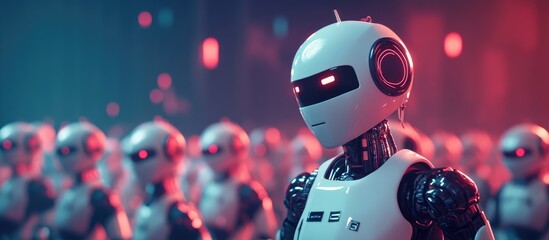 Poster - White chatbot robot guiding a group of robots against a dark bluish reddish backdrop illustrating the concept of leadership in a 3D rendering