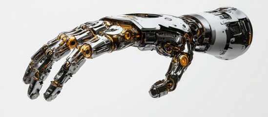 Poster - Metallic robotic hand crafted from various machine components set against a white background with a clipping path