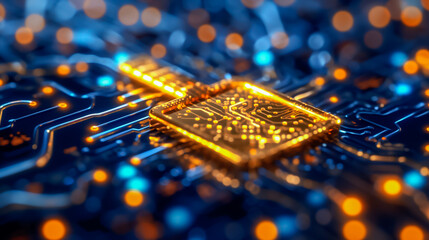 Poster - A glowing digital lock sits prominently on a detailed circuit board, highlighting the intricate designs and connections, as lights shimmer in the dim lighting, illustrating cybersecurity