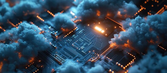Aufkleber - Abstract technology background featuring a dark blue circuit board with clouds and smoke rising illustrating a tech or digital future concept